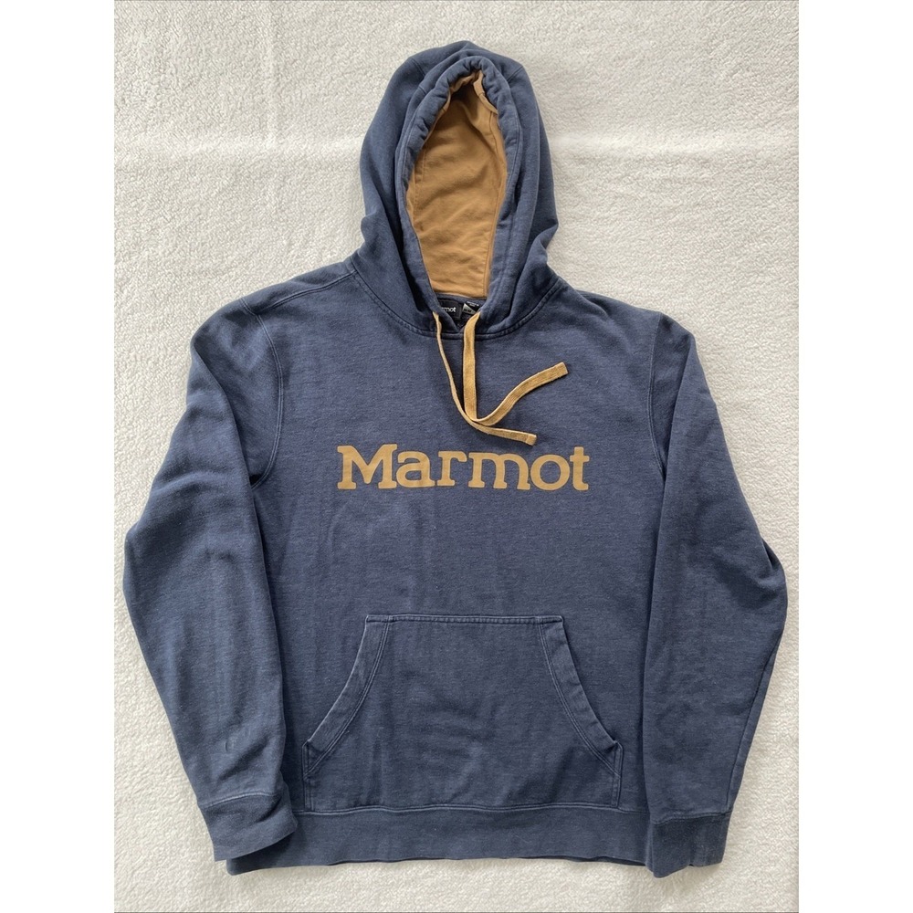 Marmot Mens Hoodie Size‎ Medium Blue Pullover Logo Fleece Sweatshirt Distressed
